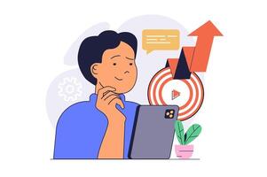 marketing concept with cartoon people in flat design for web. Man creating content with product advertisement for target audience, analyzing statistics with growth trend. illustration. vector