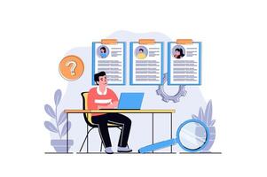 Recruitment agency web concept with cartoon people design. Man searching online resume for vacancy and choosing best candidates for interview. Flat illustration isolated on white background. vector