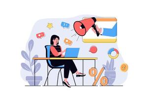 Digital marketing web concept with cartoon people design. Woman makes advertising campaign online, creates content and posts, attracting clients. Flat illustration isolated on white background. vector