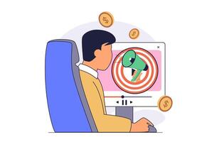 marketing concept with cartoon people in flat design for web. Man watching content with product advertisement, learns more about brand, becomes client and makes purchases. illustration. vector