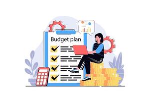 Planning financial budget web concept with cartoon people design. Woman calculating money, making financial analysis, planning with checklist. Flat illustration isolated on white background. vector