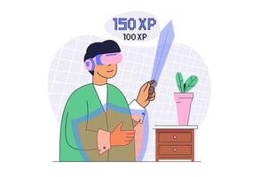 Virtual reality concept with cartoon people in flat design for web. Man in VR headset playing in game with sword and shield simulation, enjoying cyber gaming competition. illustration. vector