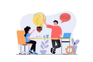 Brainstorming web concept with cartoon people design. Woman and man generating new ideas, finding solutions for developing business project. Flat illustration isolated on white background. vector