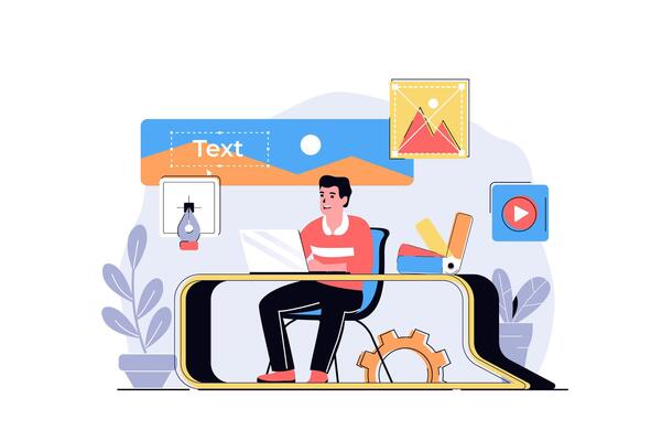 Design studio web concept with cartoon people design. Man drawing elements and images, choosing colors for website layout, making visualization. Flat illustration isolated on white background.