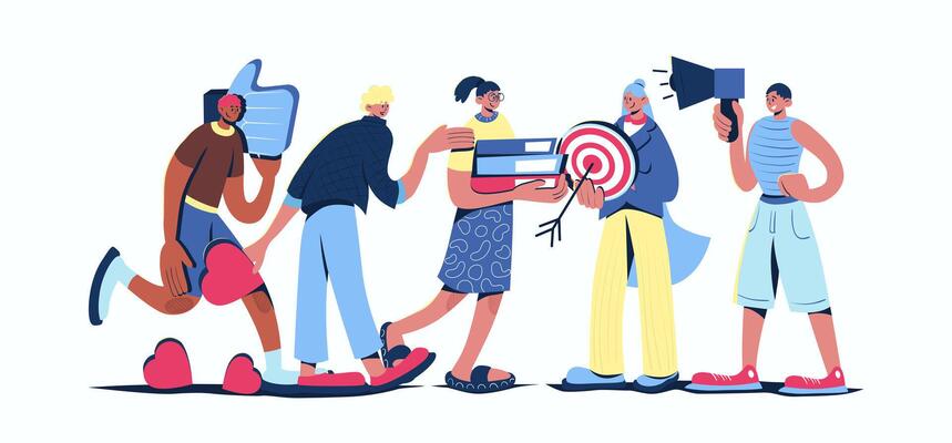 Employees doing marketing concept in cartoon web design. People making market research, targeting audience, doing advertising at social media. Flat illustration isolated on white background.