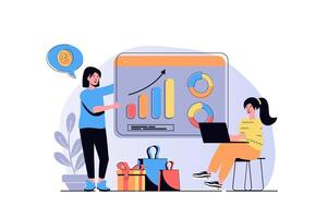 Sales performance web concept with cartoon people design. Women making financial graph analysis, work with business statistics presentation. Flat illustration isolated on white background. vector