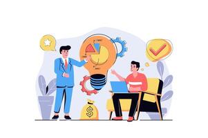 Business idea web concept with cartoon people design. Men analyzing financial data, generating new ideas, developing success strategy in team. Flat illustration isolated on white background. vector