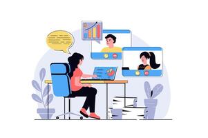 Business meeting web concept with cartoon people design. Man and woman doing work tasks at zoom, make data analysis and discussing presentation. Flat illustration isolated on white background. vector