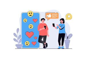 Social network web concept with cartoon people design. Woman and man writing messages in dating app, chatting online, posts and likes in app. Flat illustration isolated on white background. vector
