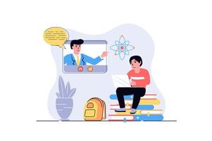 Children learn on computers web concept with cartoon people design. Boy studying online using laptop and watching lessons with teacher. Flat illustration isolated on white background. vector