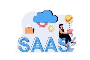 SaaS web concept with cartoon people design. Woman using software as service with online subscription, working with program and cloud technology. Flat illustration isolated on white background. vector