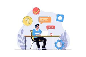 Customer service web concept with cartoon people design. Call center operator answering questions, hotline consultant talking with clients. Flat illustration isolated on white background. vector
