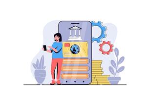 Mobile banking web concept with cartoon people design. Woman making financial management, accounting and transaction, paying for purchase in app. Flat illustration isolated on white background. vector
