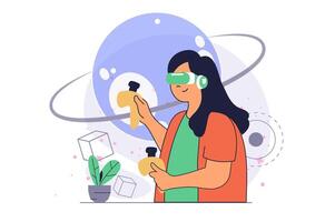 Virtual reality concept with cartoon people in flat design for web. Woman in VR headset with hand controllers exploring cosmic space simulation, learning planets in cyberspace. illustration. vector