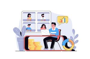 business conference web concept with cartoon people design. Man and woman discussing tasks at online meeting, working remotely in zoom. Flat illustration isolated on white background. vector