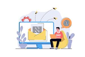 Email marketing web concept with cartoon people design. Man sending letters with business promotion information to clients, making promo mailing. Flat illustration isolated on white background. vector