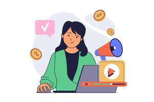 marketing concept with cartoon people in flat design for web. Woman creating content with advertising information, using megaphone for attracting audience and gets profit. illustration. vector