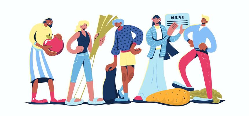 Healthy diet concept in cartoon web design. People control nutrition, counting calories, planning menu, eating fresh fruits and vegetables. Flat illustration isolated on white background.