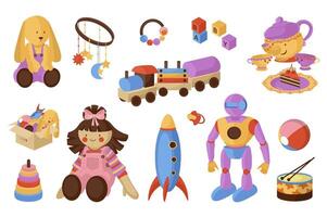 Children toys set in flat cartoon design. Collection graphic elements with teddy rabbit, hanging mobile, cubes, tea cups and teapot, train, pyramid, doll, rocket, robot, other. illustration. vector