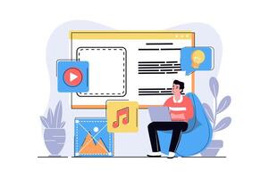 Content manager web concept with cartoon people design. Man creating and audio content for filling site, finding new ideas for publication. Flat illustration isolated on white background. vector