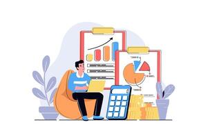 Accounting web concept with cartoon people design. Man making data research and financial audit, analyzing graphs and charts, calculating income. Flat illustration isolated on white background. vector