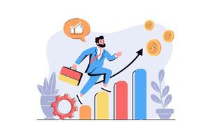 Business growth web concept with cartoon people design. Businessman successfully developing company, increases sales performances at graphs. Flat illustration isolated on white background. vector