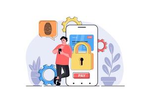 Secure payment web concept with cartoon people design. Man makes safety financial transaction with password approving and fingerprint scanner. Flat illustration isolated on white background. vector