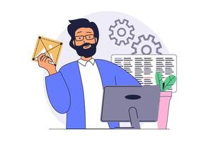 Web development concept with cartoon people in flat design. Man programming applications and coding page interfaces, creating webpage layouts, working with products at computer. illustration. vector