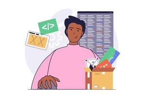 Web development concept with cartoon people in flat design. Man creating webpage interfaces and layouts, making site templates with content block placement, coding at screen. illustration. vector
