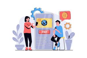 Online payment web concept with cartoon people design. Man and woman paying purchases with credit card, sending money in mobile banking app. Flat illustration isolated on white background. vector