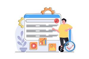 SEO analysis web concept with cartoon people design. Man settings site for search engines, analyzing statistics of webpage, selecting keywords. Flat illustration isolated on white background. vector