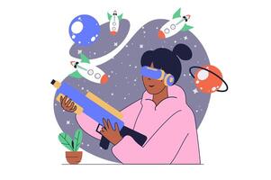 Virtual reality concept with cartoon people in flat design for web. Woman in VR headset playing in cosmic shooter game with rockets and gun simulation, enjoying cyber gaming. illustration. vector