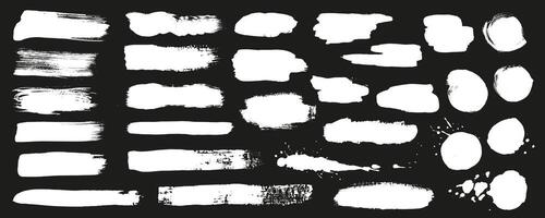 White ink stains mega set in flat graphic design. Collection elements of abstract grunge paint shapes with torn borders, messy watercolor stroke paints, rough paintbrush texture. illustration. vector