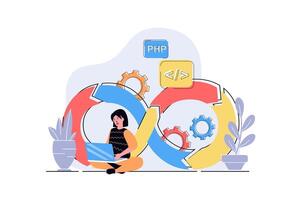 DevOps web concept with cartoon people design. Woman working with programming and management, using job integration practice and agile cycles. Flat illustration isolated on white background. vector