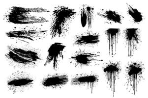 Grunge black ink splatters set elements in flat graphic design. Collection of liquid strokes and spots with messy grainy texture, flowing stains and blobs with splash drops. illustration. vector