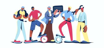 Customer support concept in cartoon web design. People working at call service, communicating with clients, giving consultations and assistance. Flat illustration isolated on white background. vector