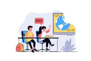School learning web concept with cartoon people design. Boy and girl studying at lesson in classroom, pupils answering at geography test. Flat illustration isolated on white background. vector