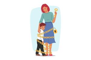 Problem overprotection is that woman ties child with chain to herself, out of desire to protect son vector