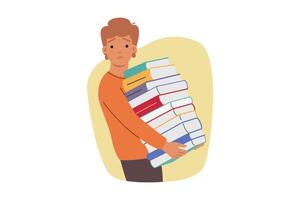 Upset boy holding stack of books assigned by teacher from primary school, for concept of overload vector