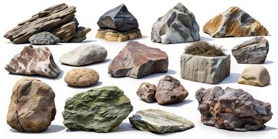 Rocks Stones and Boulders of Various Sizes and Textures Isolated on White Background photo