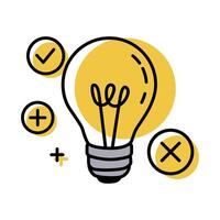 Yellow light bulb with icons symbolizing creativity and decision-making vector
