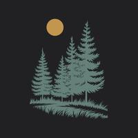 Illustration of a serene forest with tall green pine trees under a glowing yellow moon vector
