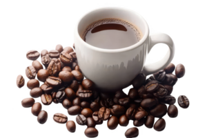 A steaming cup of coffee surrounded by roasted coffee beans creates warm and inviting atmosphere, perfect for coffee lovers. rich aroma and deep color of brew enhance experience png