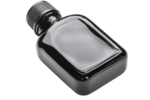 A sleek black bottle with smooth surface and ribbed cap, ideal for storing liquids. Its modern design and glossy finish make it suitable for various uses, evoking sense of elegance and simplicity png