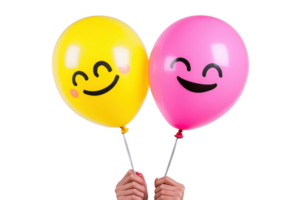 A Cheerful balloons in yellow and pink, featuring smiling faces, are held by hands, creating joyful and festive atmosphere. These vibrant decorations are perfect for celebrations png