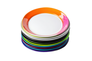 A Colorful plates stacked neatly create vibrant display, showcasing mix of bright hues and clean white center. Perfect for adding cheerful touch to any dining setting png