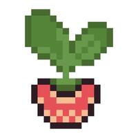 Pixel Art pot with plant and leaves. Green botany element in 8 bit retro game style isolated on white background vector