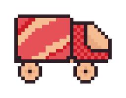 8 bit pixel truck. Box car vehicles for game assets in illustration. Red retro simple children lorry. vector