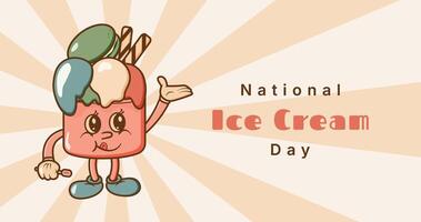 National Ice Cream Day in Retro groovy Style banner template. illustration with retro mascot for poster card. vector