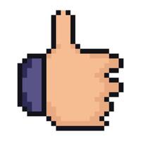 Like finger up pixel art icon. Cute sticker for social networks in retro style. 8 bit thumb on white background vector